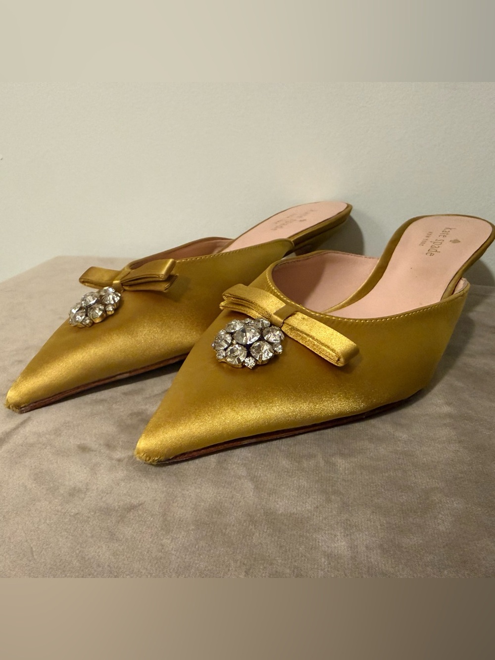 Kate Spade - Gold Satin Pointed Toe Slip-On Mules with Crystal Brooch